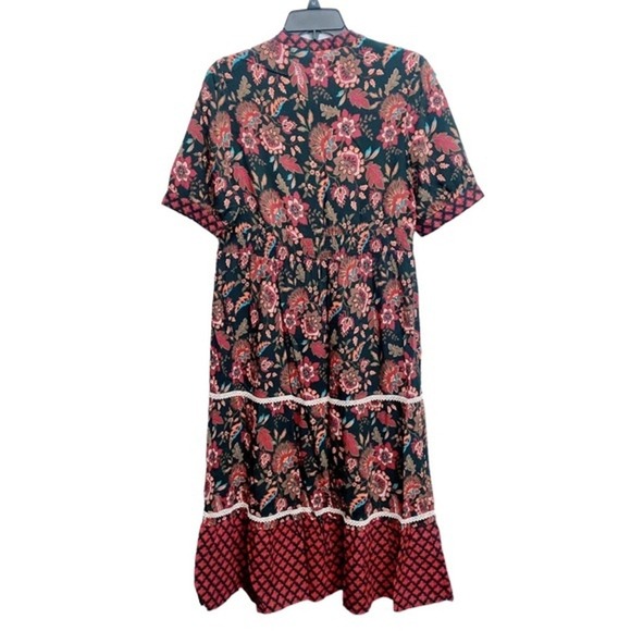 WRAPPER Paisley Floral Midi Retro Dark Cottagecore Large Tiered Dress Boho Glam - Picture 4 of 5
